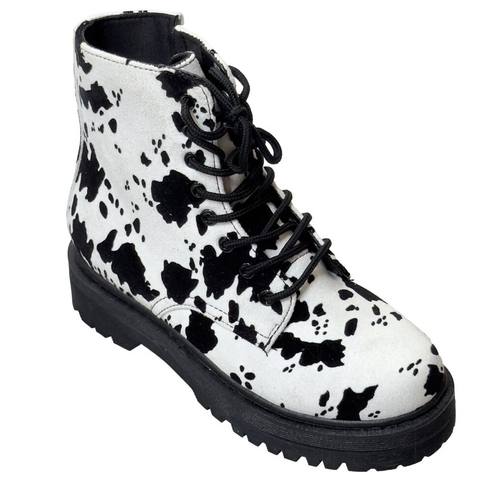 Black & White Cow Print Lace-Up Ankle Booties